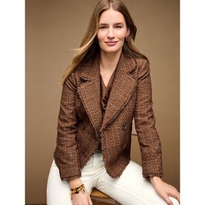 Talbot's Plus Women's Size 22W Fringe Tweed Cropped Jacket Long Sleeve Brown
